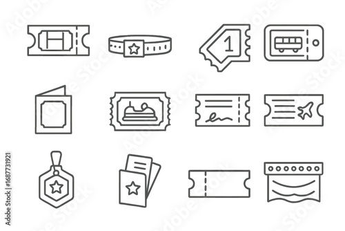 Ticket Icons Collection. Line style icons of ticket collectibles: movie stub, concert wristband, vintage ride ticket, train pass;