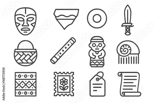 Cultural Artifacts Icons. Line style icons of cultural artifact collectibles: tribal mask, pottery shard, ancient bead, ceremonial