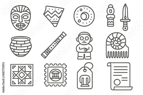 Cultural Artifacts Icons. Line style icons of cultural artifact collectibles: tribal mask, pottery shard, ancient bead, ceremonial