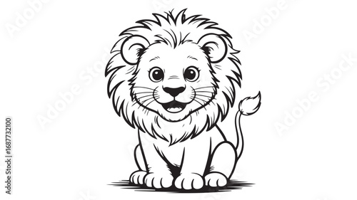 Adorable Cartoon Lion Cub, Black and White Line Art, Cute Baby Lion Illustration, Perfect for Kids Coloring Pages, Childrens Books, and Animal-Themed Designs
