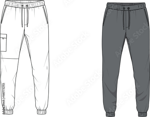 Jogger pants flat sketch, men’s fashion apparel, sportswear template, sweatpants vector design, clothing technical drawing, CAD illustration, fashion outline, casual wear