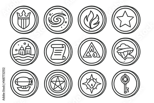 Fictional Currency Icons. Line style icons of fictional currency coins: kingdom crest, galaxy coin, rebellion mark, star-shaped