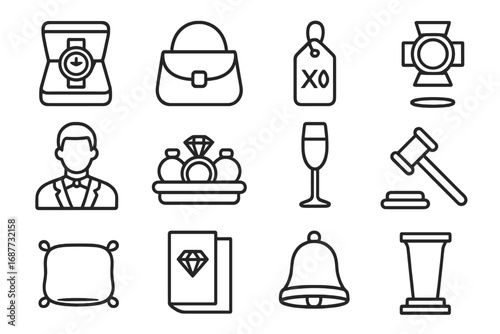 Luxury Auction Icons. Line style icons of luxury auctions: high-end watch with box, designer handbag, branded tag, spotlight