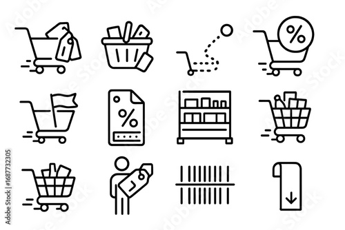 Shopping Icon Set. Line style icons of shopping cart deals: cart with tags, overflowing basket, checkout path, percent bubble;