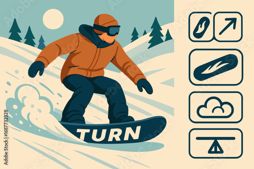 Snowboard Carving Dynamics. Scene illustration showing person carving turn on snowboard and style icon set for board design,