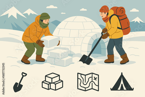 Hikers Building Igloo. Scene banner with hikers building igloo on expedition and survival sport icon set for shovel, snow blocks,
