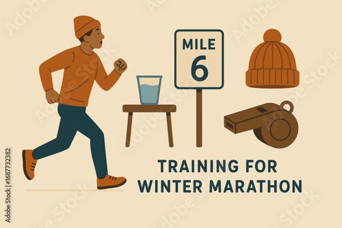 Winter Marathon Training Essentials. Flat scene showing training for winter marathon and commitment icon set for water stop, mile