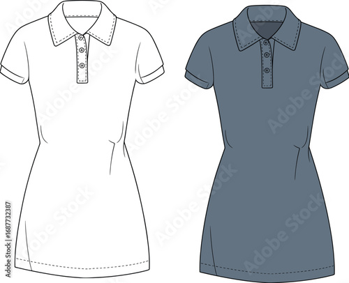 Women polo dress, short sleeve shirt dress, fashion clothing design, casual outfit apparel style, flat template, cad drawing flat vector illustration