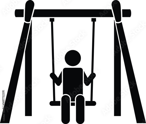 Silhouette vector of child sitting on a playground swing, ideal for outdoor play, kids activity, recreation, childhood fun, and park equipment illustrations.
