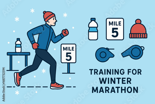 Winter Marathon Training Essentials. Flat scene showing training for winter marathon and commitment icon set for water stop, mile