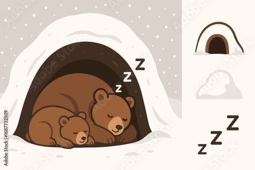Winter Bear Den. Wide vector layout with bears sleeping in snowy den and deep winter icon set for curled shape, den entrance, snow