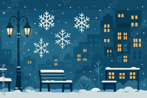 Snowy City Street. Horizontal vector banner showing snowy city street with glowing lamp posts and urban winter icon set for
