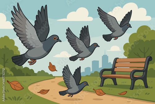 Pigeons in City Park. Scene with pigeons fluttering across trail and city park icon set for bird wings, bench arm, scattered