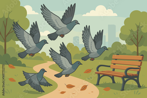 Pigeons in City Park. Scene with pigeons fluttering across trail and city park icon set for bird wings, bench arm, scattered