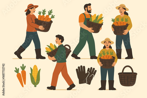 Harvest Abundance. Creative vector layout with people carrying harvest baskets and abundance icon set for carrots, corn, gloves