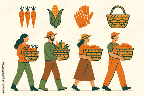 Harvest Abundance. Creative vector layout with people carrying harvest baskets and abundance icon set for carrots, corn, gloves