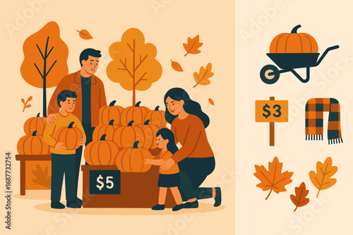 Pumpkin Picking Tradition. Flat design banner featuring family choosing pumpkins at market and fall tradition icon set for