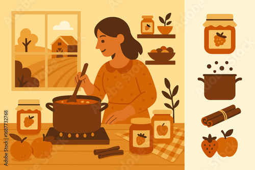 Farm Kitchen Jam-Making. Stylized flat vector of jam-making scene in farm kitchen and preserving icon set for jars, bubbling pot,