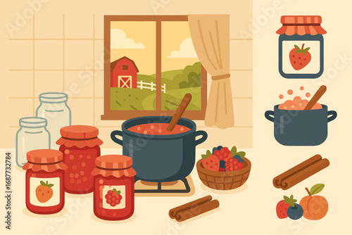 Farm Kitchen Jam-Making. Stylized flat vector of jam-making scene in farm kitchen and preserving icon set for jars, bubbling pot,