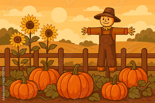 Rustic Harvest Scene. Vector illustration of rustic pumpkin patch with scarecrow, sunflowers, and wooden fence, perfect for fall