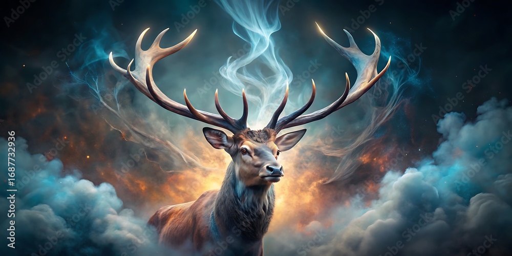 Fototapeta premium Majestic Stag with Antlers Amidst Fiery Clouds and Blue Smoke deer male deer