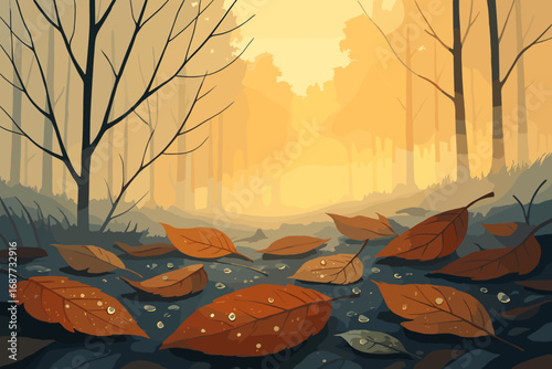Golden Misty Morning. Modern design showing crisp morning with dew on fallen leaves, bare branches, and golden mist above the