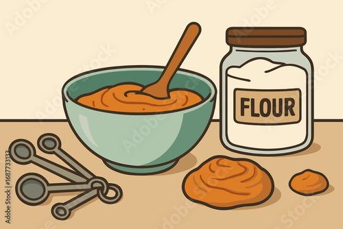 Bakery Prep Station. Vector layout of bakery prep station with mixing bowl, flour jar, measuring spoons and raw pumpkin batter.