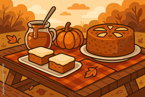 Fall Dessert Picnic. Cartoon-style dessert scene of picnic table filled with fall treats — pumpkin bars, apple cake and caramel