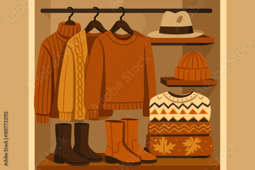 Autumn Closet Interior. Modern vector scene of autumn closet interior with hanging knitwear, boots, hats and patterned sweaters.