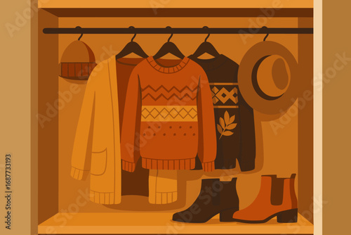 Autumn Closet Interior. Modern vector scene of autumn closet interior with hanging knitwear, boots, hats and patterned sweaters.
