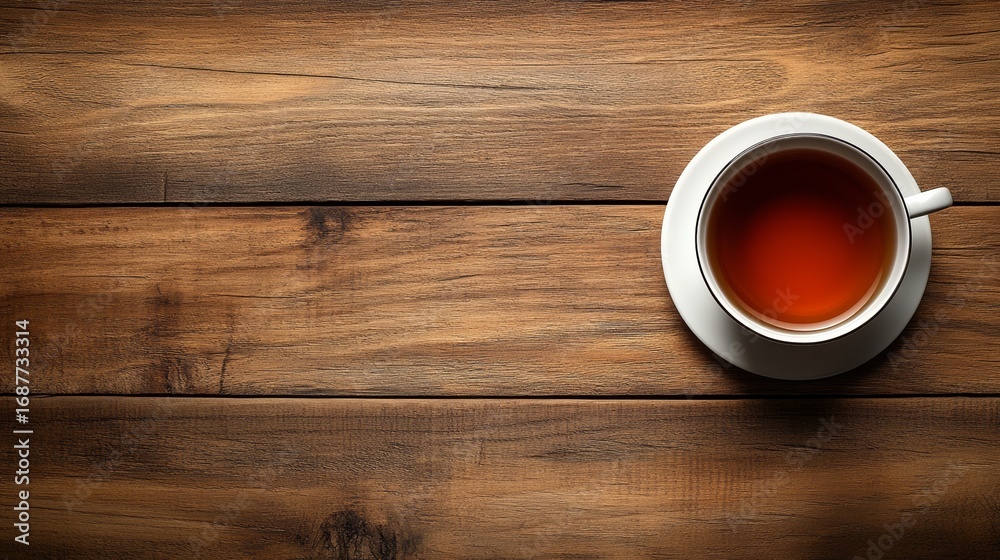 Obraz premium A steaming cup of herbal tea on wood in soft focus evokes warmth, mindfulness