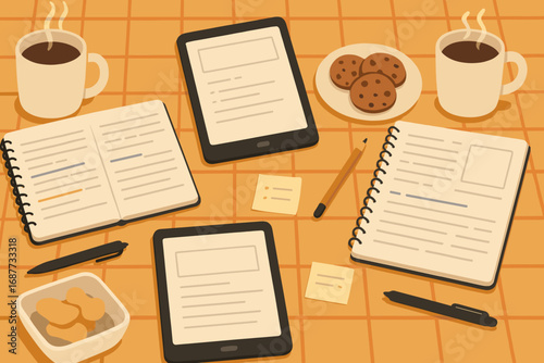Group Study Essentials. Horizontal design with group study table full of notes, tablets, snacks and steaming cups on orange