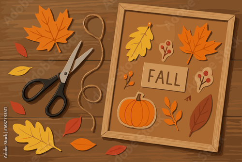 DIY Fall Crafting. Illustrated tabletop with DIY fall crafts in progress — scissors, paper leaves, twine and seasonal inspiration