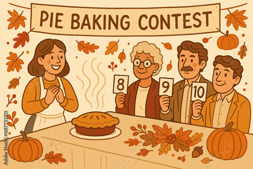 Pie Baking Contest. Illustrated setup of pie baking contest with judges, contestant smiles, steam rising and fall table