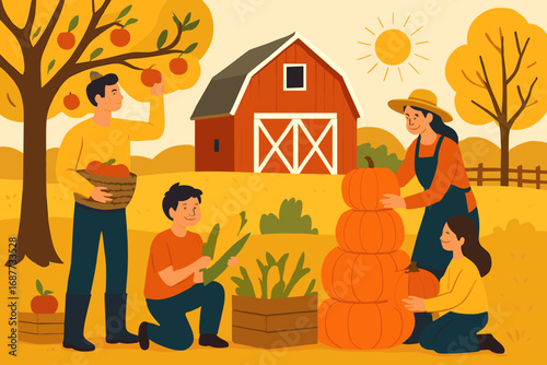 Fall Harvest Family. Vector illustration of family working on fall harvest — picking apples, stacking pumpkins, gathering corn