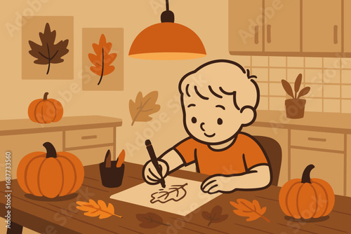 Autumn Kitchen Creativity. Vector scene of child drawing at kitchen table decorated with pumpkins, leaf prints and ambient pendant