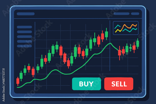 Dynamic Trading Interface. Illustrated trading platform interface with fluctuating graphs, buy/sell buttons and colorful