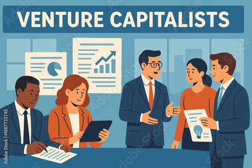 Evaluating Startup Proposals. Flat design banner of venture capitalists evaluating multiple startup proposals with documents,