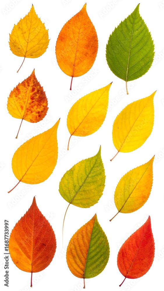 Fototapeta premium A vibrant arrangement of autumn leaves, showcasing a range of warm colors and leaf shapes against a clean white backdrop.