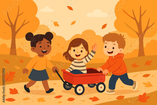Autumn Wagon Adventure. Modern vector of kids pulling friends in red wagon through a trail covered in autumn leaves.