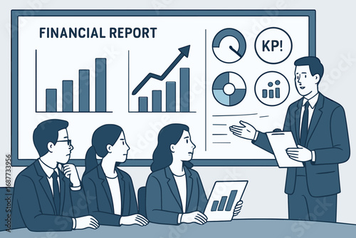 Executive Team Review. Horizontal vector banner of executive team reviewing financial report with bar graphs, profit margins, and