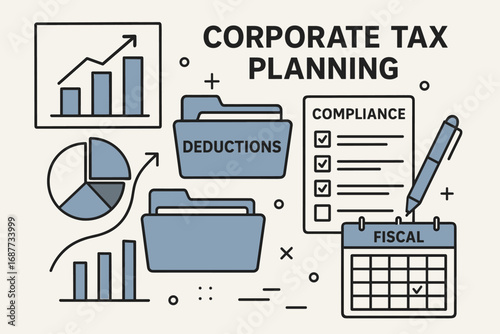 Corporate Tax Strategy. Vector composition of corporate tax planning — charts, deduction folders, compliance checklist and fiscal