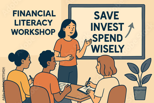 Financial Literacy Workshop. Vector art of financial literacy workshop with attendees taking notes, screen showing “Save, Invest,