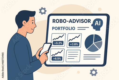Robo-Advisor Investment Insights. Vector illustration of investor using robo-advisor platform with AI-generated portfolio