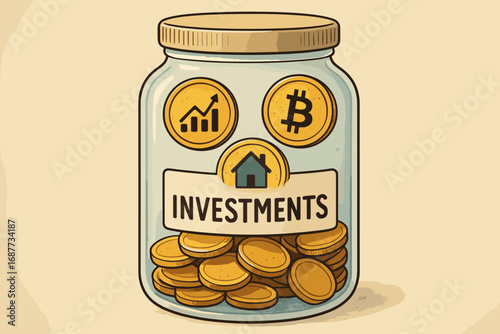 Investment Coin Jar. Illustrated digital coin jar labeled “Investments” filling up with symbols for stock, real estate and crypto.