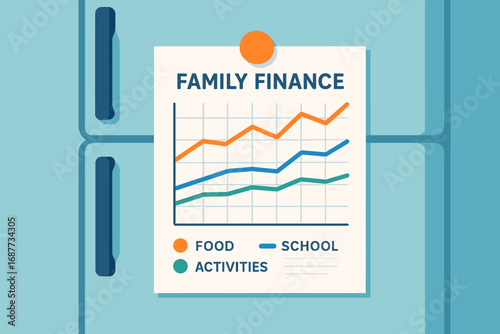 Family Finance Chart. Flat vector of fridge-mounted family finance chart with color-coded lines for food, school, and activities.