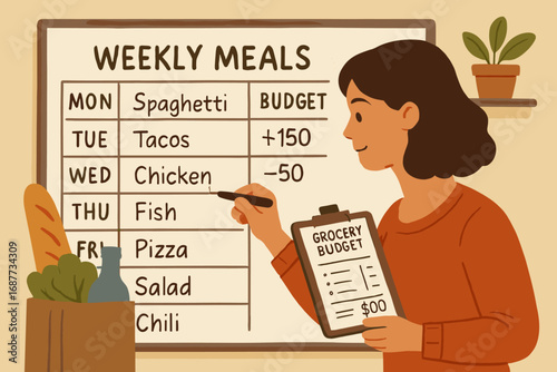 Meal Planning Strategy. Illustrated scene of mom planning weekly meals on a whiteboard while tracking grocery budget.