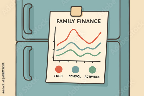 Family Finance Chart. Flat vector of fridge-mounted family finance chart with color-coded lines for food, school, and activities.