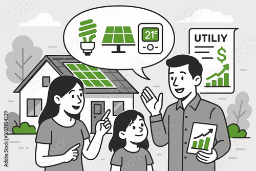 Choosing Eco-Friendly Solutions. Vector scene of family choosing energy-efficient home solutions to lower monthly utility bills.