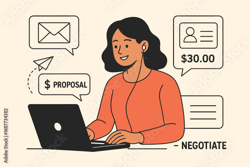 Freelance Negotiation. Vector art of woman sending proposals and negotiating rates via email and freelancing platform chat.